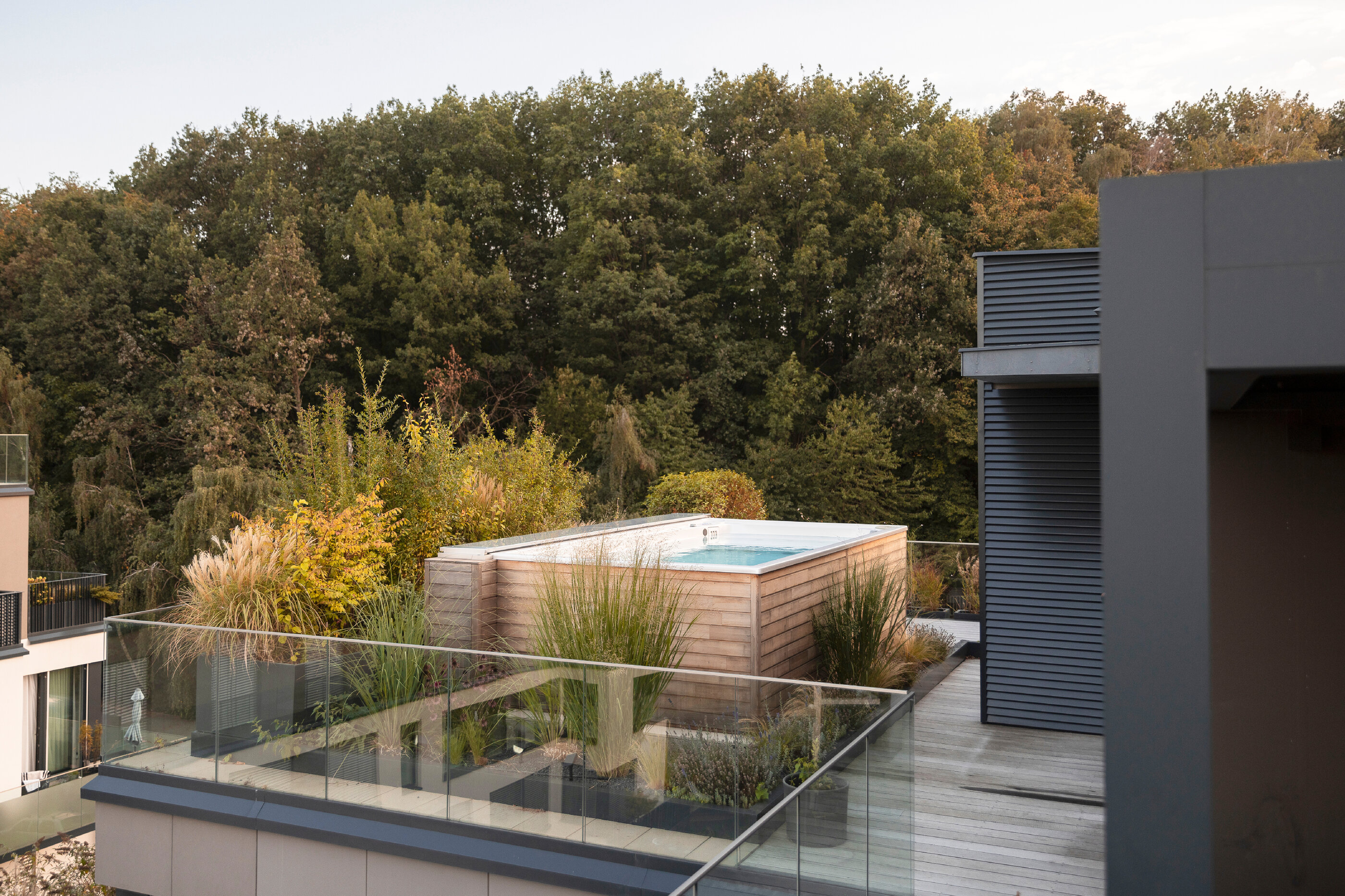 USSPA Swim Spa M year-round pool on a residential terrace offers relaxation with a view.