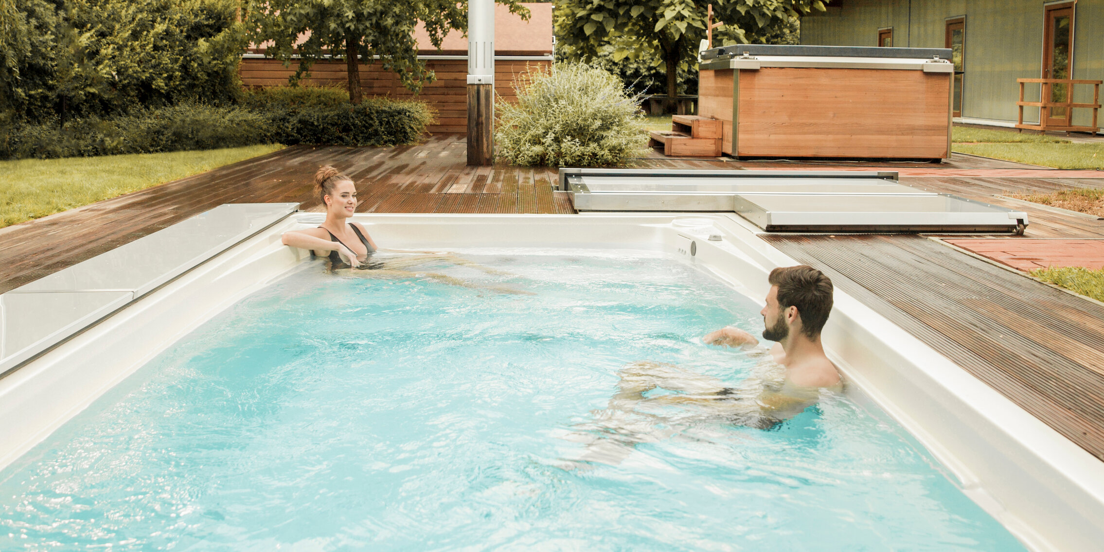 USSPA showroom – try outdoor hot tubs and year-round swim spa in a private garden.