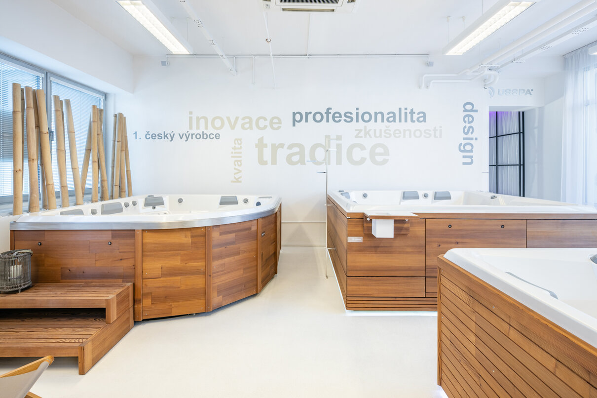 USSPA Brno showroom – design by Atelier Kunc, try spa and swim spa in the bathing zone.