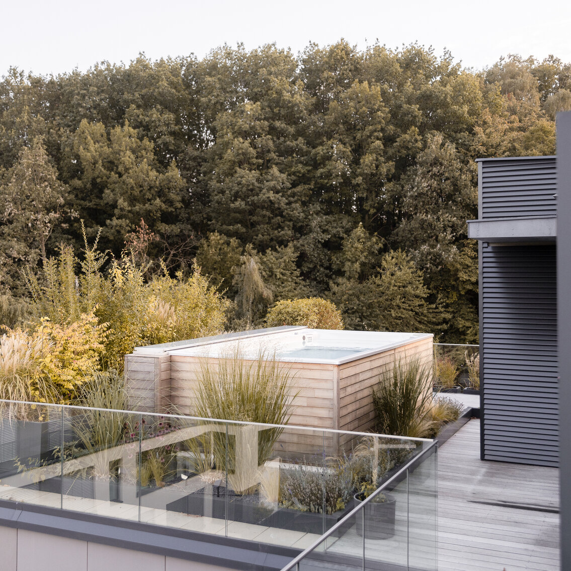 USSPA swim spa designed to fit your space, with a terrace view and ultimate comfort.