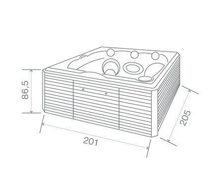 Technical drawing: USSPA privat spa Aston (195 x 199 x 79 cm) | © USSPA