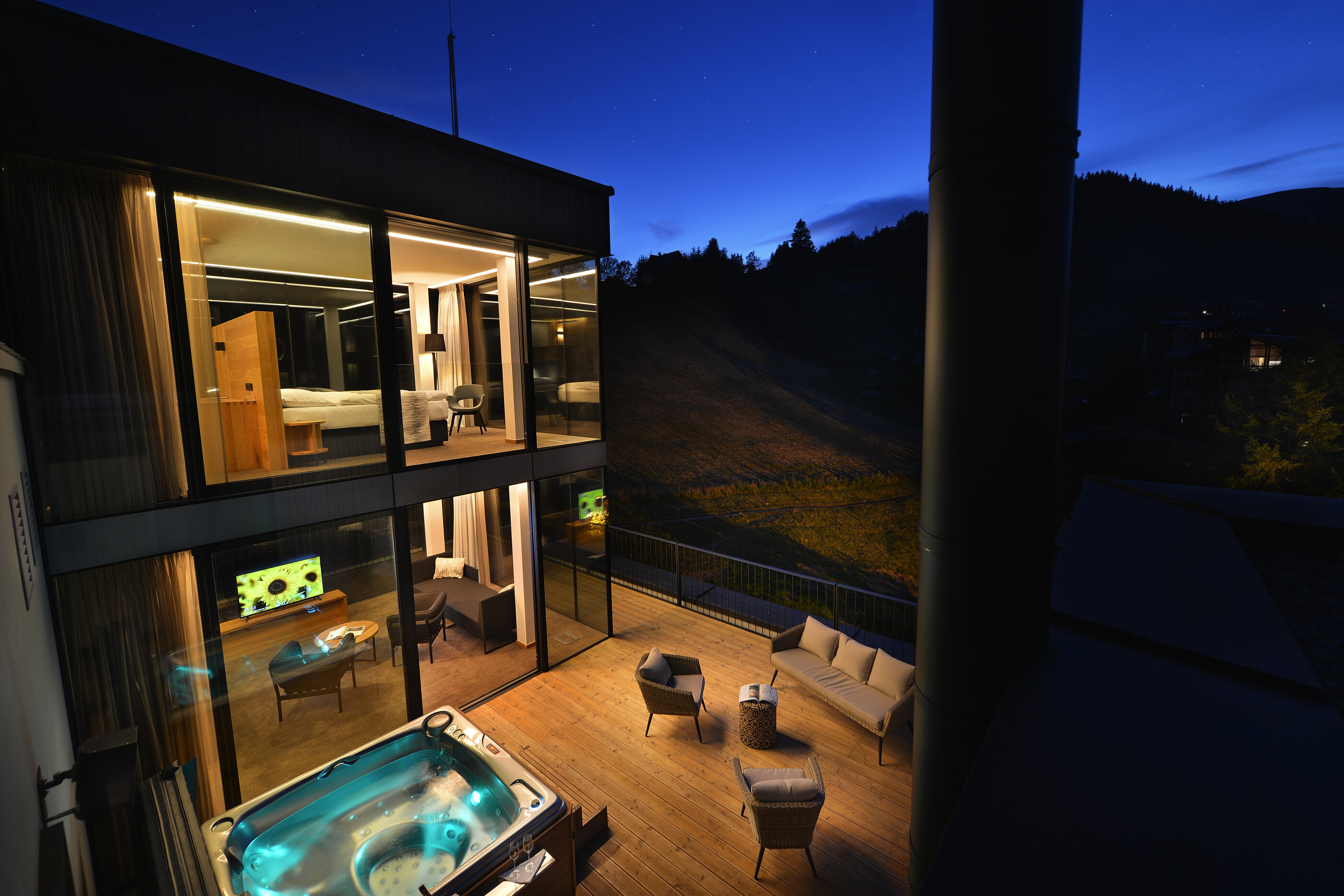 Luxury outdoor Aston hot tub by USSPA on the terrace of a modern apartment.