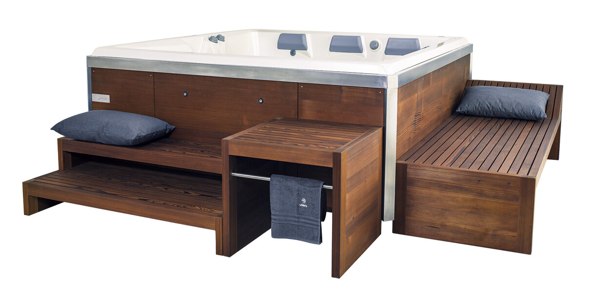 USSPA premium wooden accessories – steps, table, hanger, and lounger for comfortable relaxation.