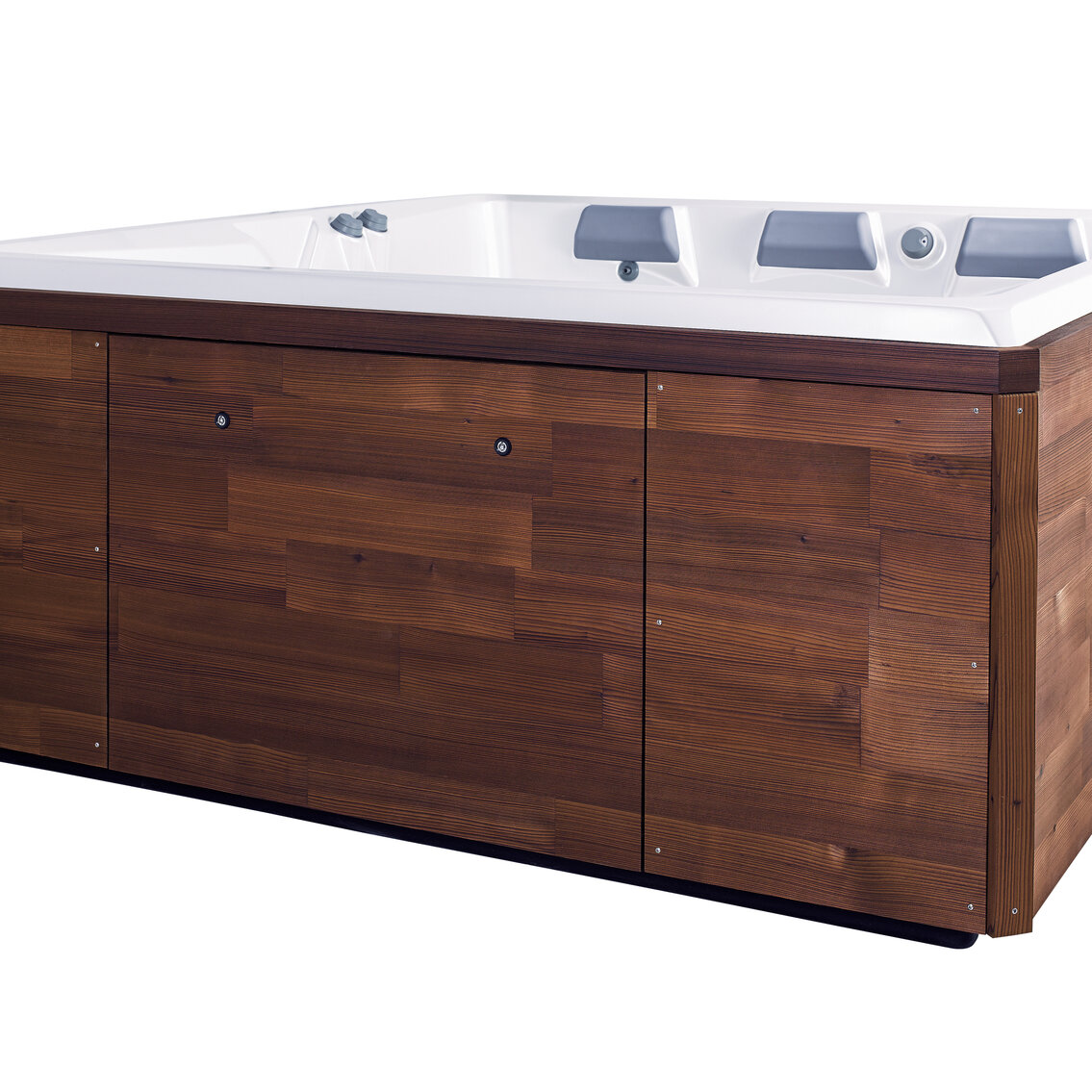 Engineered solid wood with visible grain adds style and durability to USSPA swim spa.