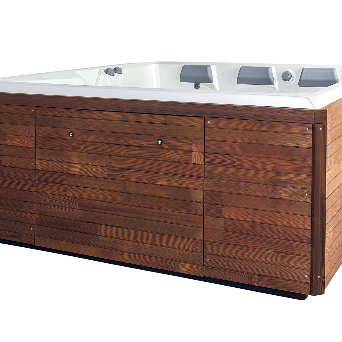 Engineered solid wood with visible grain adds style and durability to USSPA swim spa.